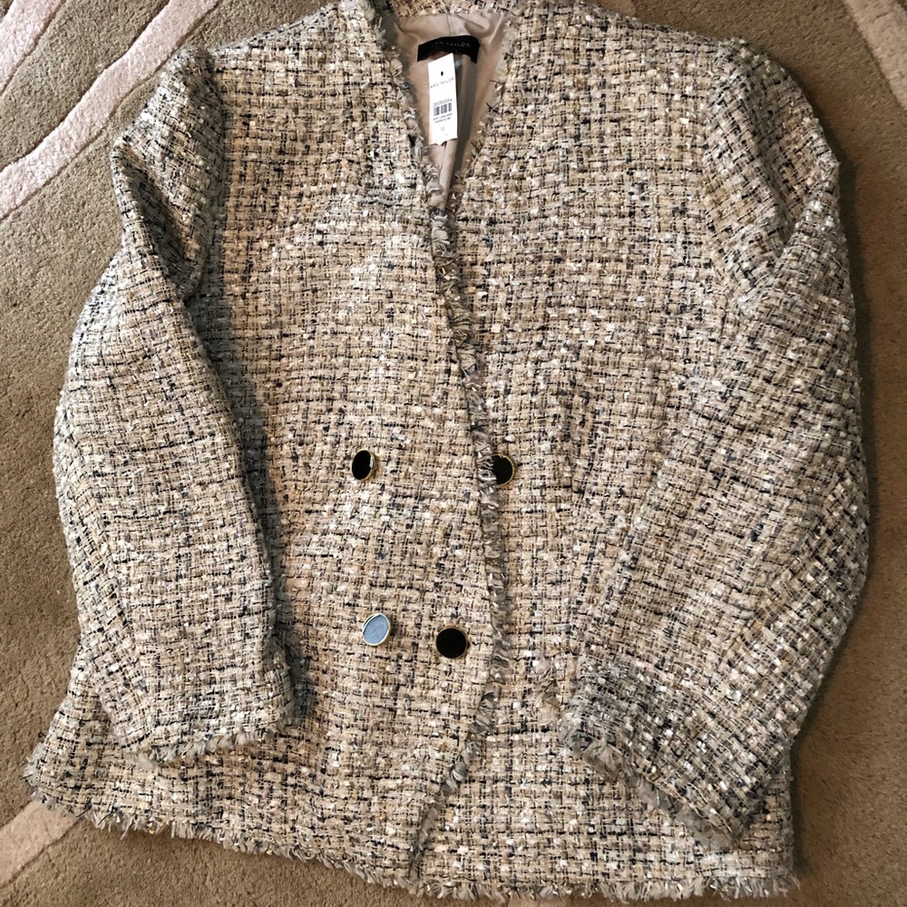 Ann Taylor Fringe Tweed Double Breasted Jacket